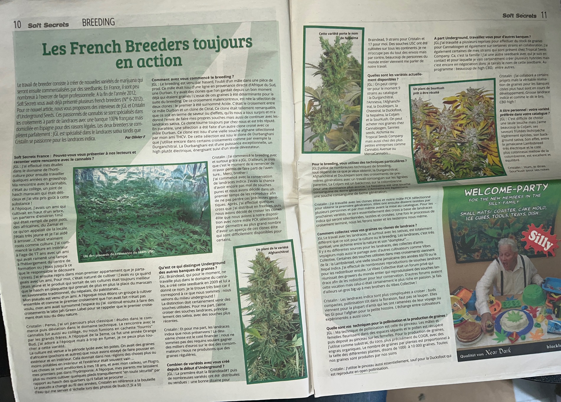 Article french breeders 'Les French Breeders toujours en action' par Olivier F, interview de JGL et Cristalin d'Underground Seeds, Soft Secrets juillet 2015 - Pages 10-11