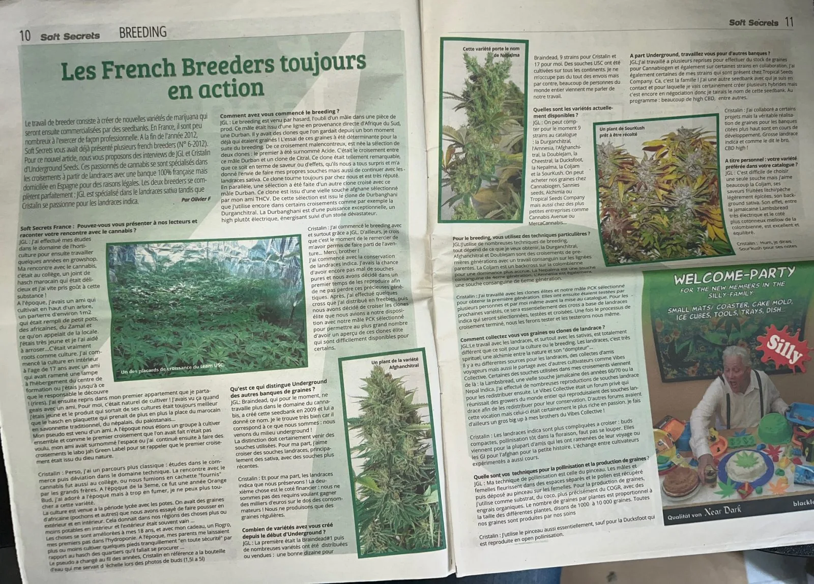 Article french breeders 'Les French Breeders toujours en action' par Olivier F, interview de JGL et Cristalin d'Underground Seeds, Soft Secrets juillet 2015 - Pages 10-11