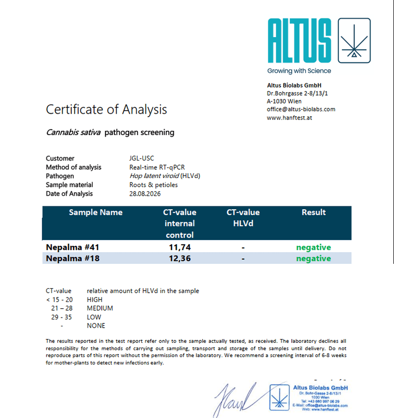 Certificat HLVd Altus Biolabs 28.08.2026 - Nepalma 18 et 41
